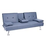 Mendler 3er-Sofa HWC-F60, Couch Schlafsofa Gästebett, Tassenhalter verstellbar 97x166cm - Kunstleder, dunkelblau