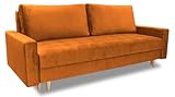 Furniture-Adamski Schlafsofa Alex, Sofa mit Schlaffunktion und Bettkasten, Klappsofa, Schlafcouch mit Füßen aus Holz, Couch in Velourstoff, Frabe: Orange