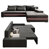 Juskys Sofa Davos Rechts mit Schlaffunktion - Ecksofa für Wohnzimmer mit Bettkasten & LED - Stoff Schlafsofa L Form Couch Beleuchtung - Dunkelgrau