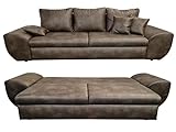 Vintage Big Sofa mit Schlaffunktion und Bettkasten, XXL Trend Couch 275 cm breit, Wellenunterfederung, Liegefläche 148x194 cm, Mikrofaserstoff in Leder-Optik in Braun / 18008